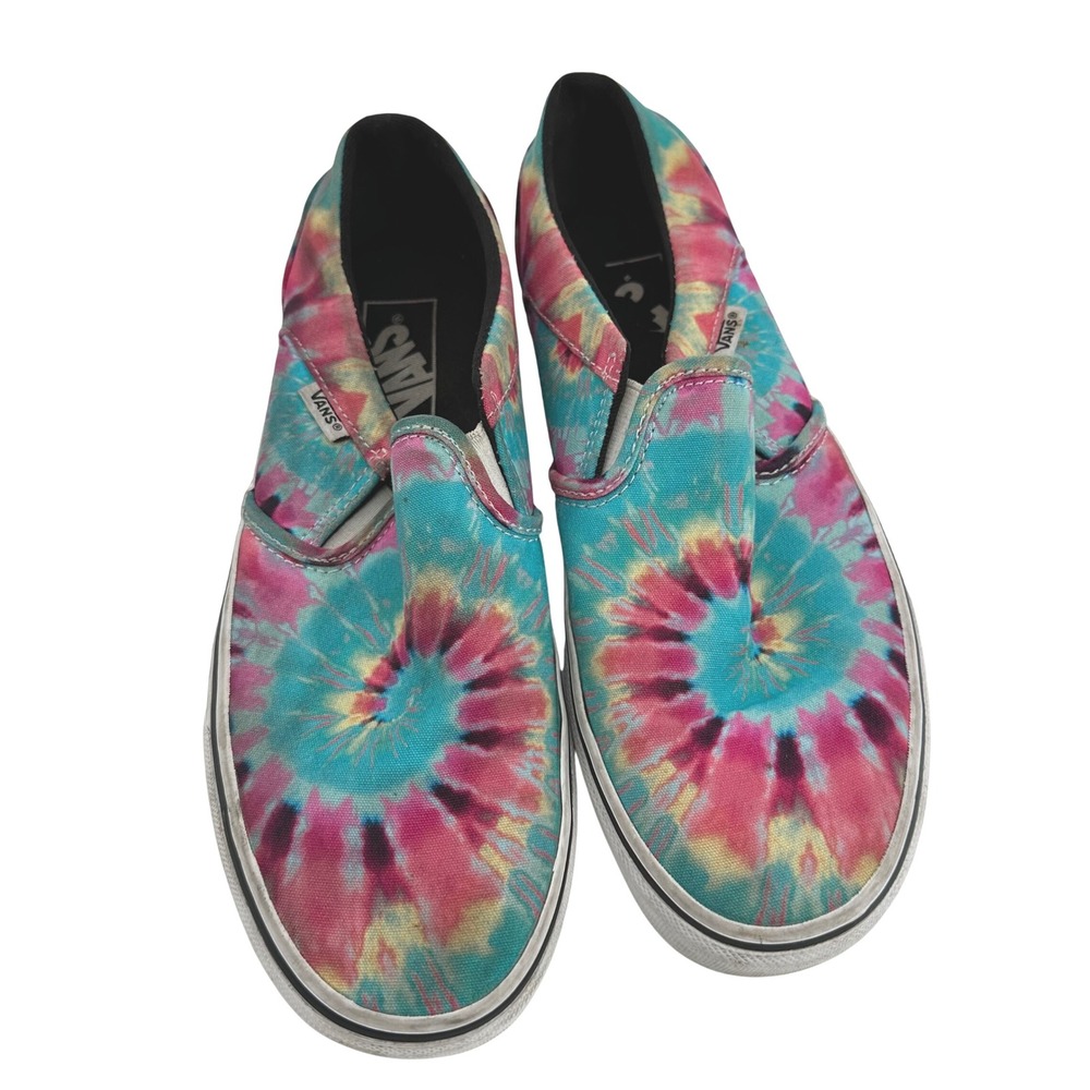 Vans Tie Dye Slip On Sneakers Women's Size 8.5 Pink Teal‎ Yellow Canvas Shoes